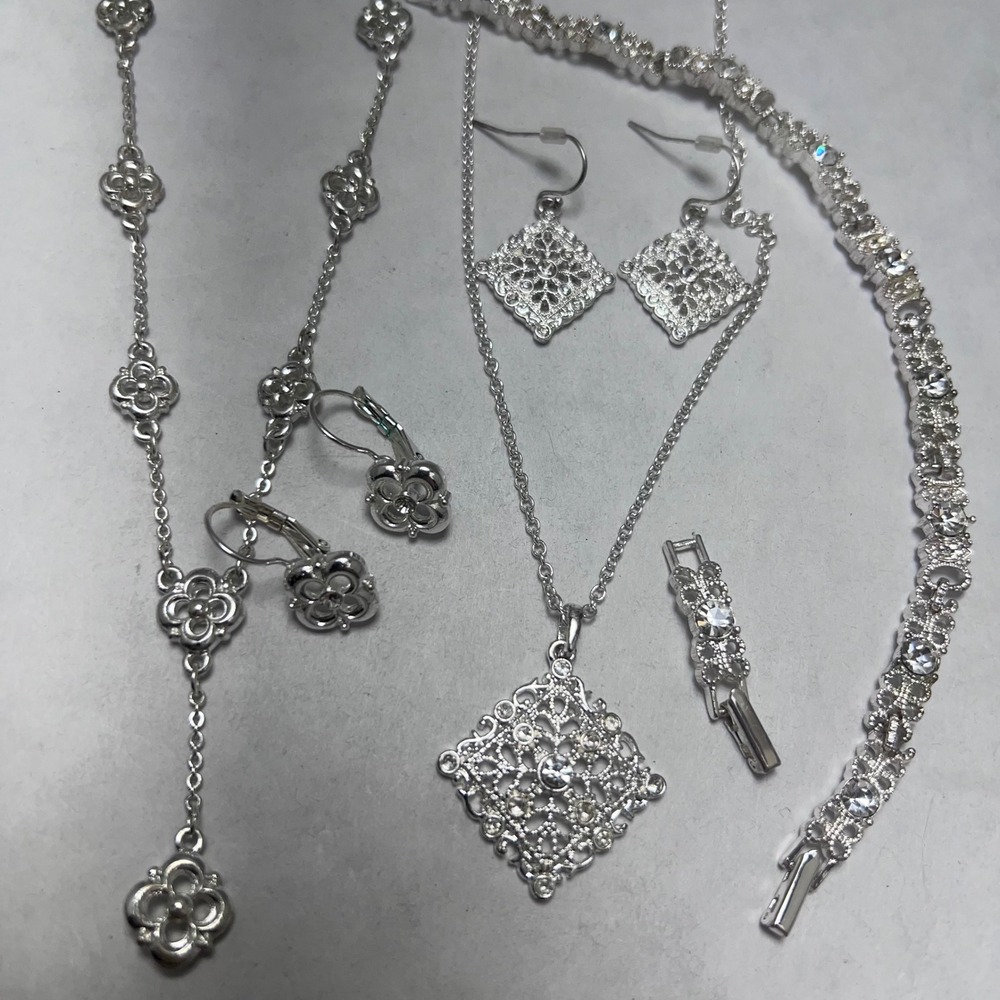 Silver Tone Filigree Rhinestone Jewelry Set Necklaces Earrings Bracelet Avon